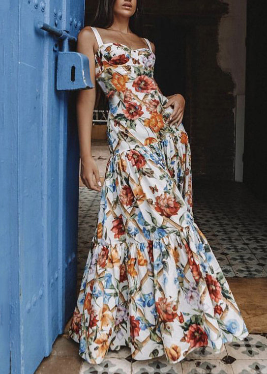 Print Wrinkled Cotton Spaghetti Strap Dress Summer