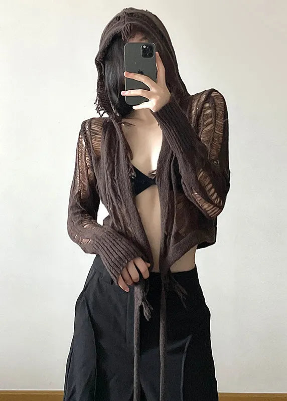 Novelty Coffee Tasseled Hollow Out Hooded Cross Strap Knitted Top
