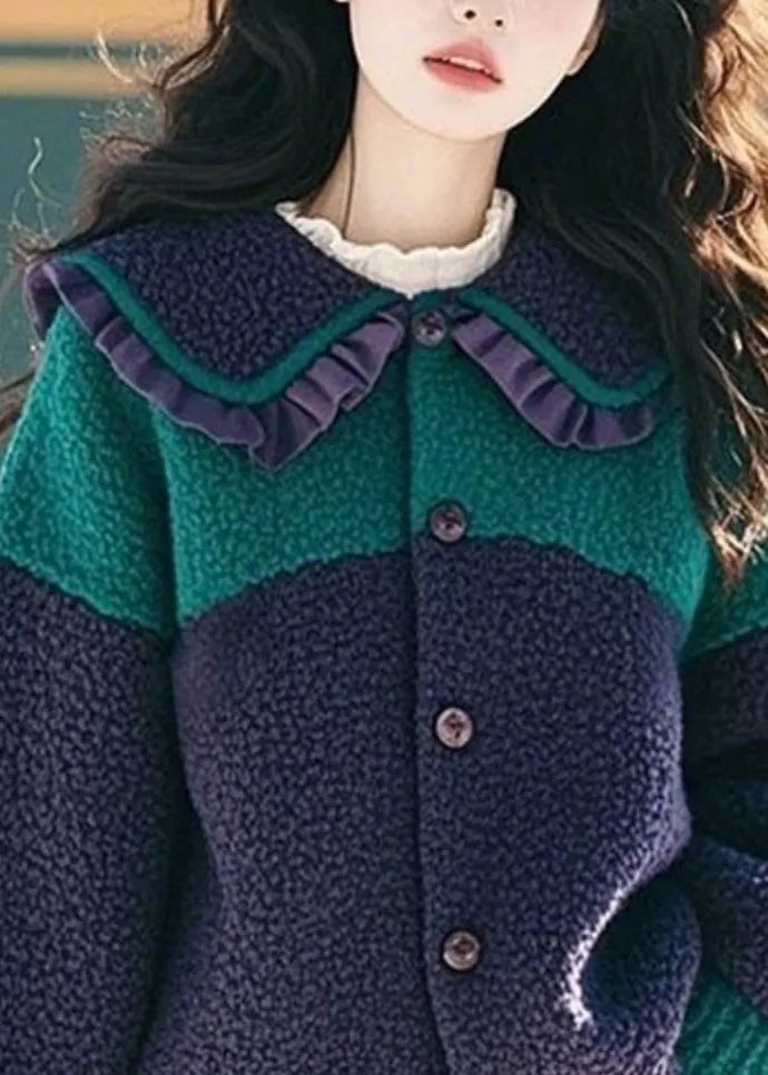 Navy Peter Pan Collar Ruffled Button Faux Fur Coat Spring