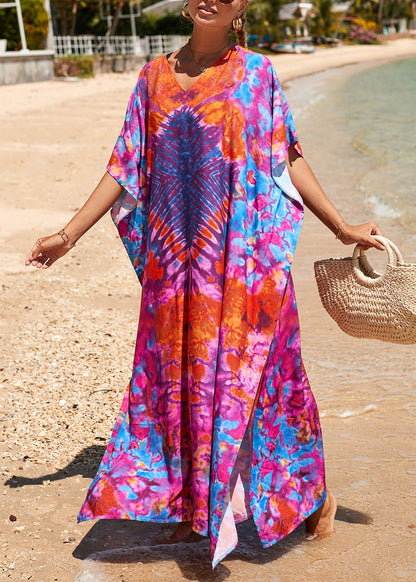 Blue Tie Dye V Neck Cotton Long Dress Summer