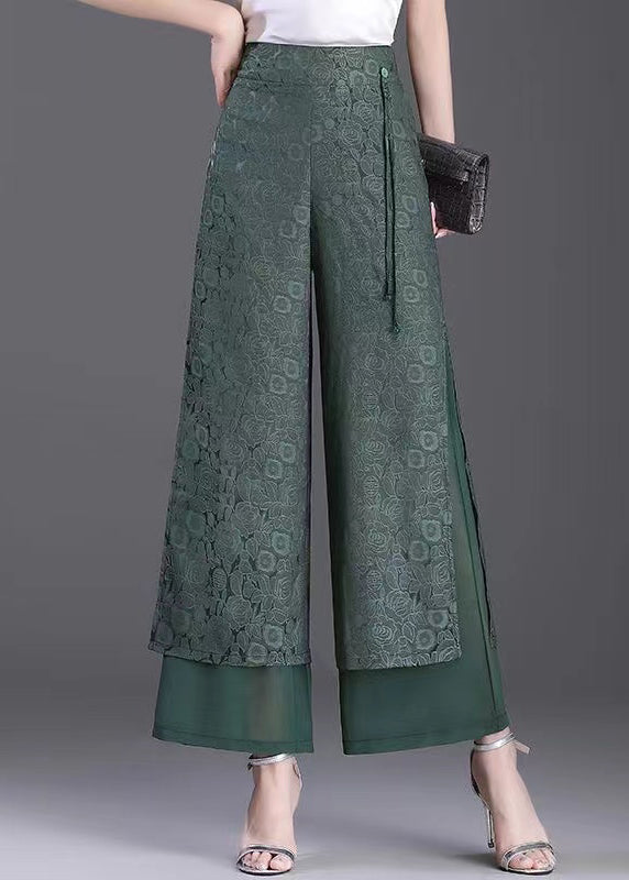 Chinese Style Green High Waisted Jacquard Straight Leg Pants Summer