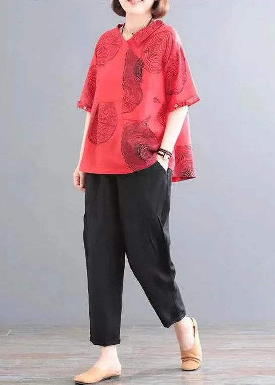 Red Patchwork Pockets Top and Crop Pants Two Piece Set Summer
