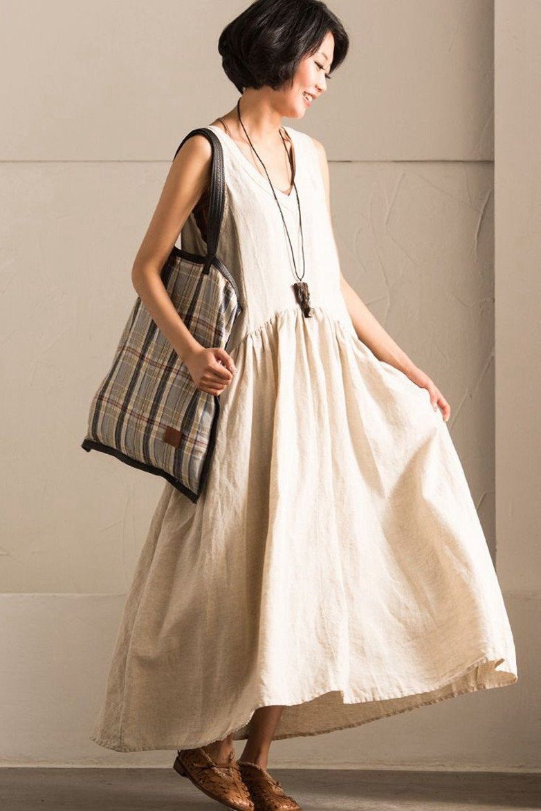 V-neck Cotton Linen Organic Sleeveless Long Dress Summer Outfits