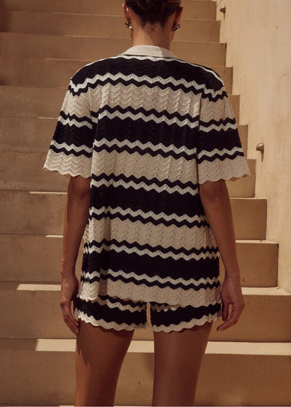New Striped Cut Out Button Patchwork Knit Swimsuit Cover Up Set