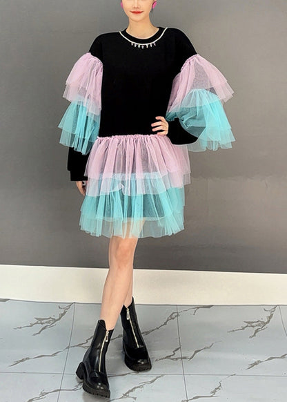 Black O Neck Tulle Patchwork Cotton Mid Dress Fall