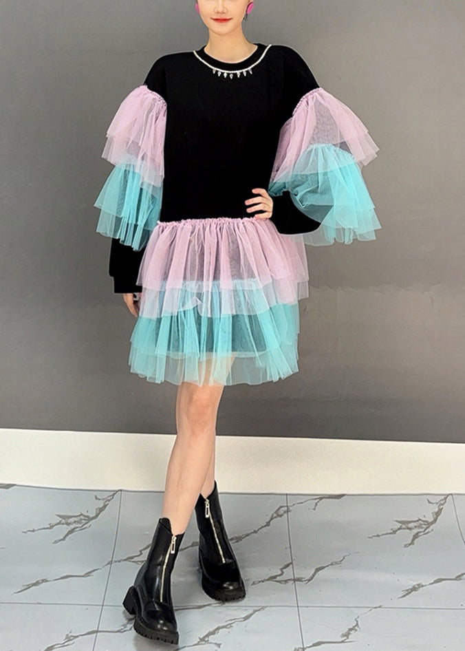 Black O Neck Tulle Patchwork Cotton Mid Dress Fall
