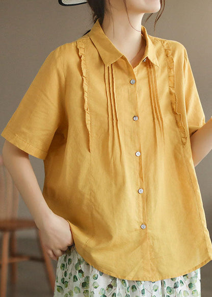 Yellow Peter Pan Collar Ruffled Patchwork Cotton Blouses Summer