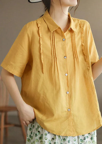 Yellow Peter Pan Collar Ruffled Patchwork Cotton Blouses Summer