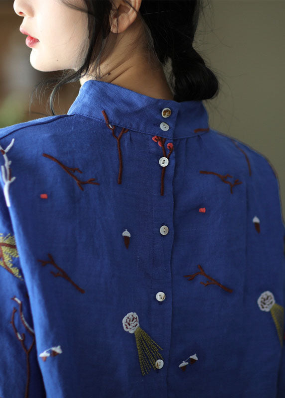 Stylish White Polka Dots Embroidered Retro Linen Blouse Tops Spring