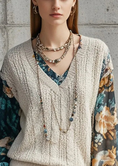 Beige V Neck Patchwork Print Fake Two Piece Knit Shirts Fall