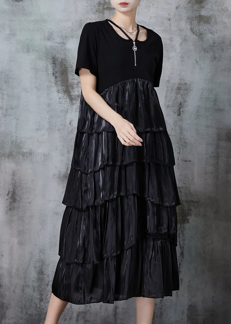 Black Patchwork Cotton Halter Dresses Exra Large Hem Summer