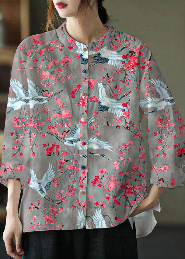 Modern Gray Text Loose Patchwork Pockets Fall Long Sleeve Blouse Top