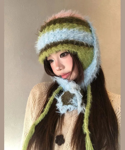 Colorblock Striped Fur Knit Bonnie Hat