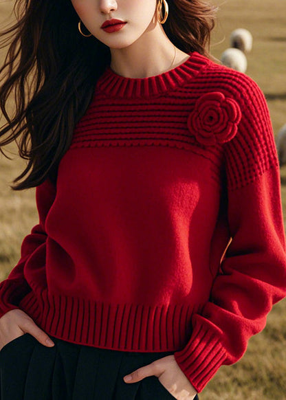 Handmade Red O Neck Thick Knit Sweaters Winter