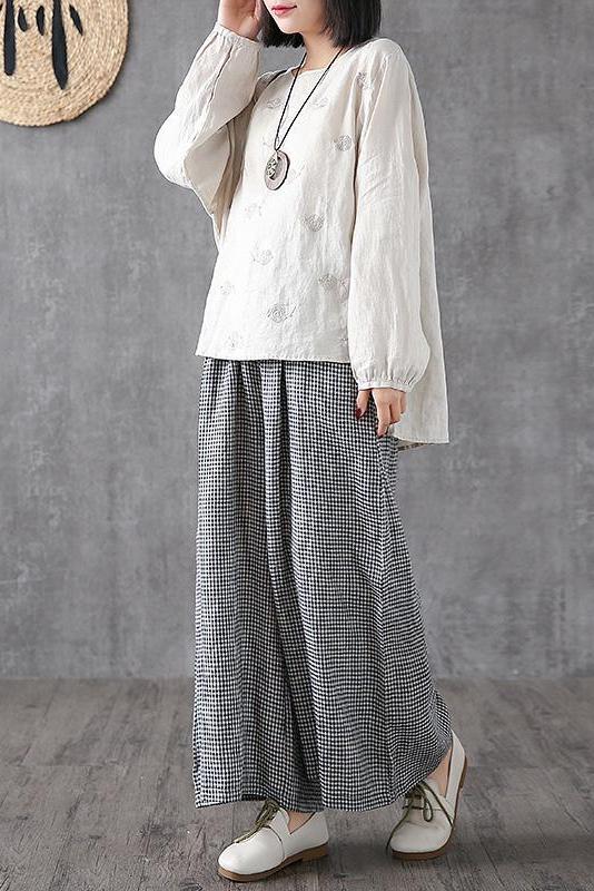 - Lotstrends Hand-made Plaid Linen Wide Leg Pants