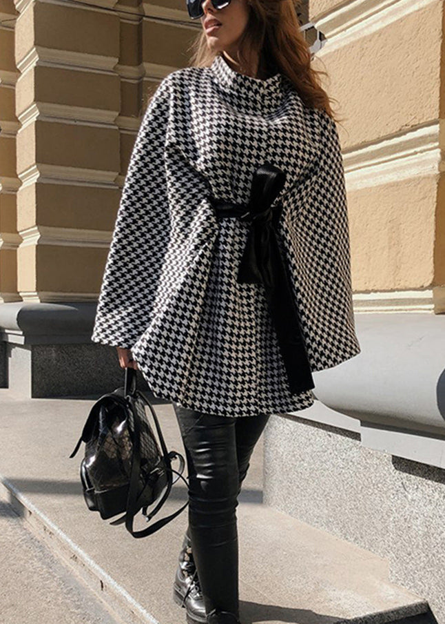 European and American Style Plaid Lace Up Cape Coat Fall