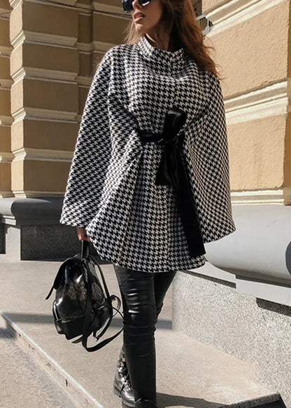 European and American Style Plaid Lace Up Cape Coat Fall