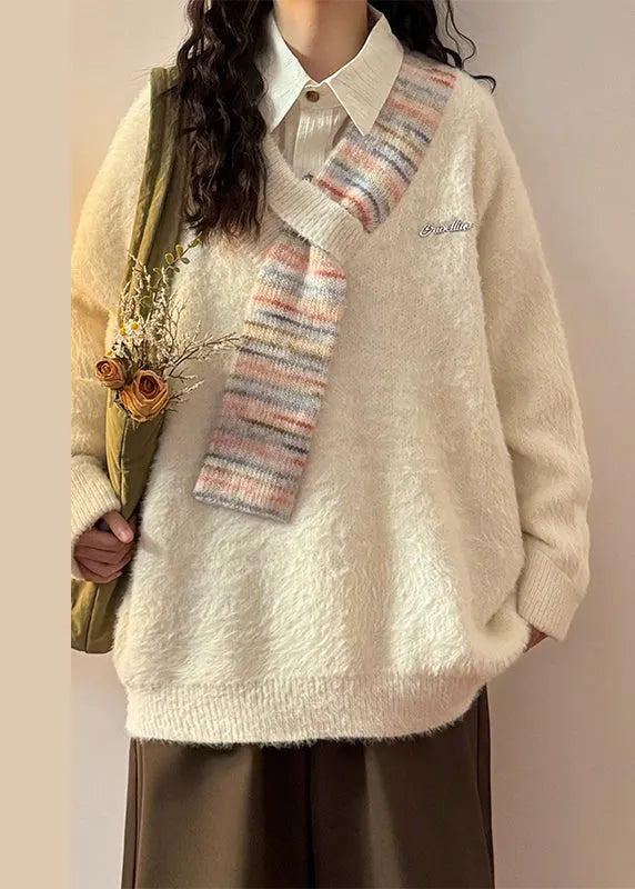Loose Apricot V Neck Striped Patchwork Mink Hair Knitted Sweaters Spring
