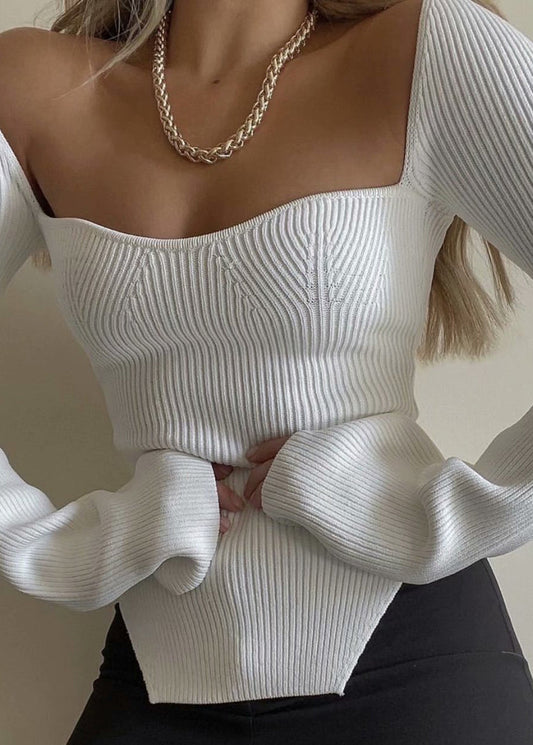 French White Slash Neck Slim Fit Knit Blouse Tops Spring