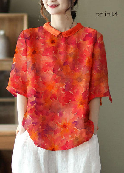 Diy Orange Print3 Ramie Half Sleeve Shirt Summer