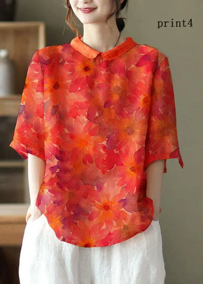 Diy Orange Print4 Ramie Half Sleeve Shirt Summer