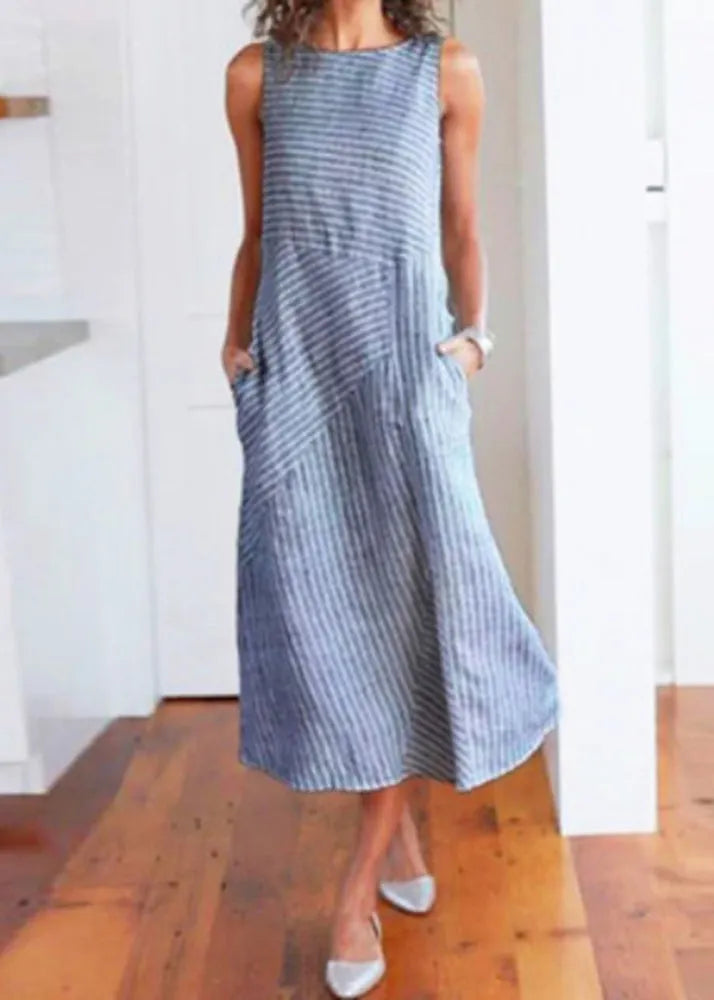 Blue O Neck Striped Pockets Cotton Dress Sleeveless