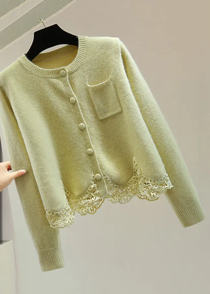 Light Green O-neck Lace Patchwork Cotton Knit Sweaters Winter