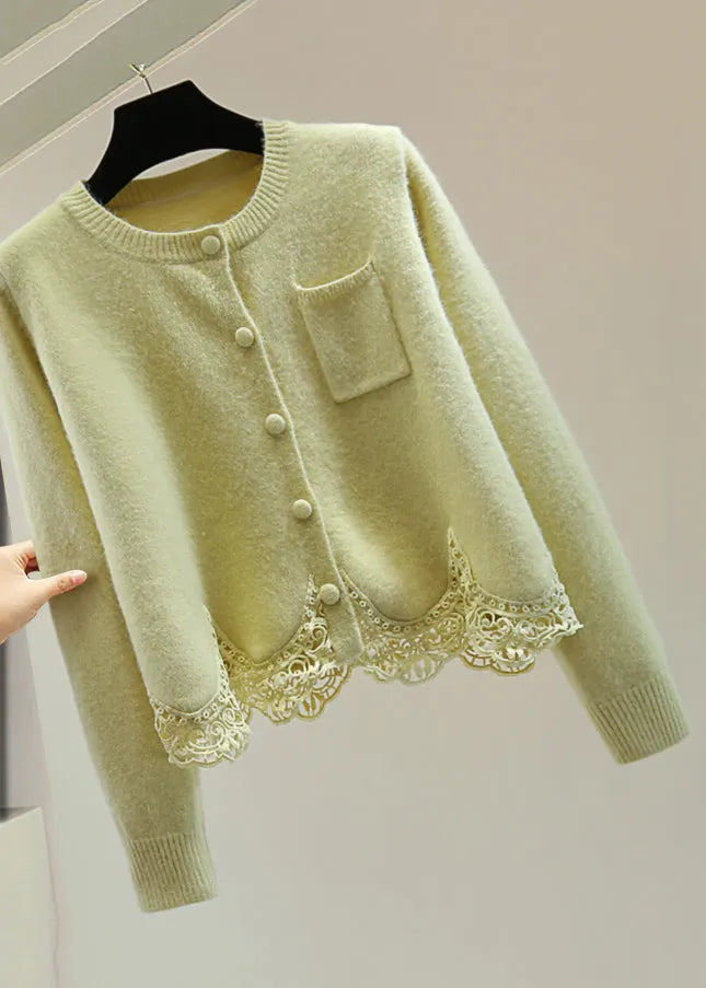 Light Green O-neck Lace Patchwork Cotton Knit Cardigan Spring