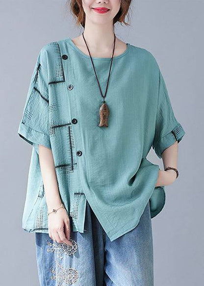 Natural Turquoise Asymmetrical Plaid Tops Summer