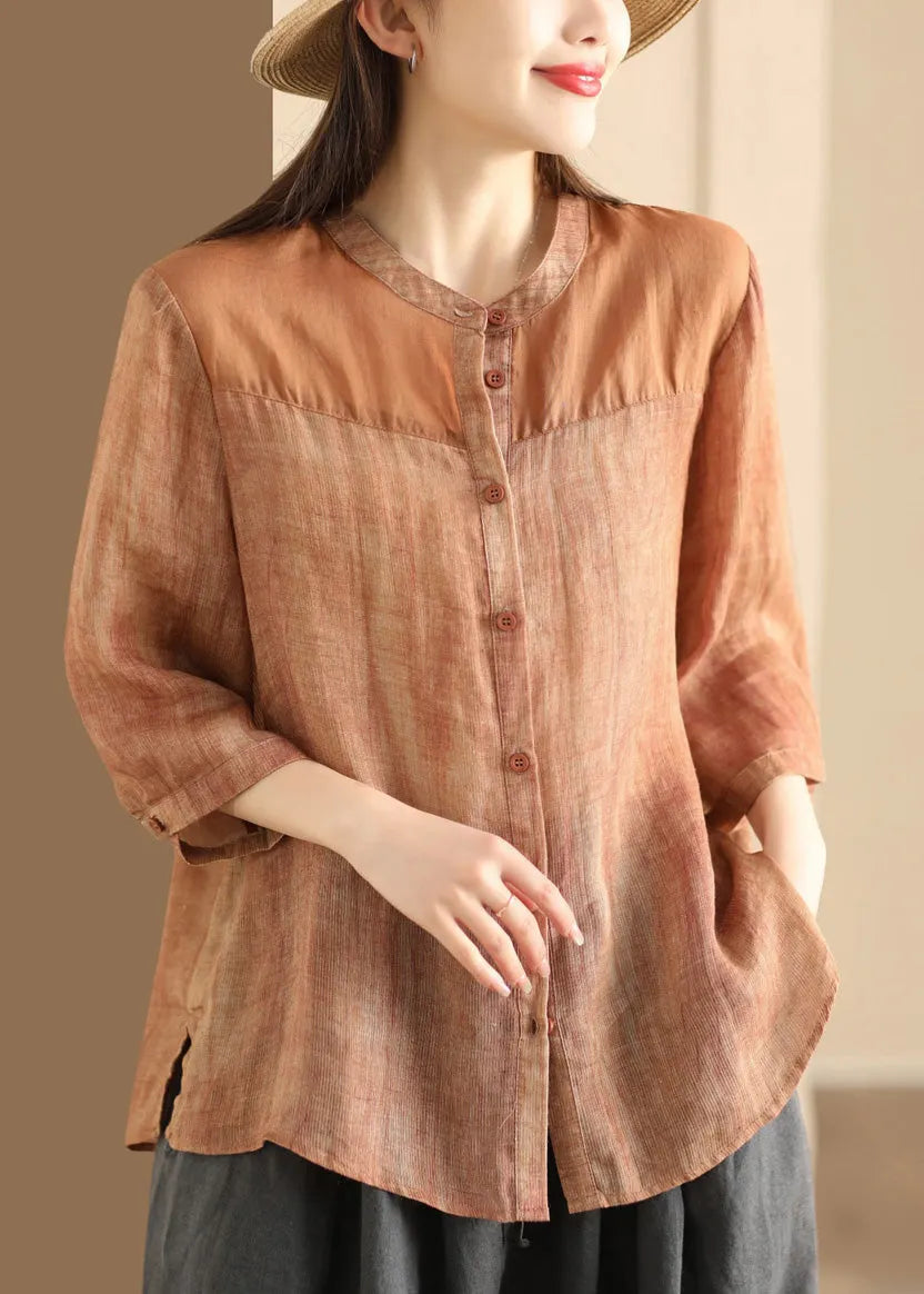 Coffee Stand Collar Button Patchwork Linen Shirts Summer