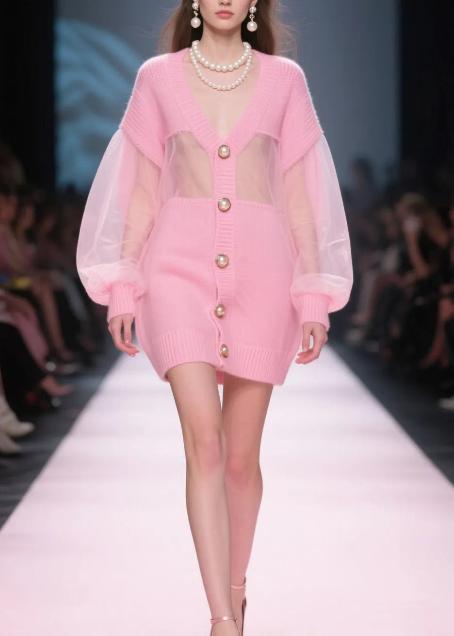 Italian Pink V Neck Tulle Button Patchwork Knit Cardigan Fall