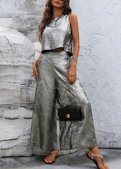Silver Sleeveless Top and Pants Two Pieces Set