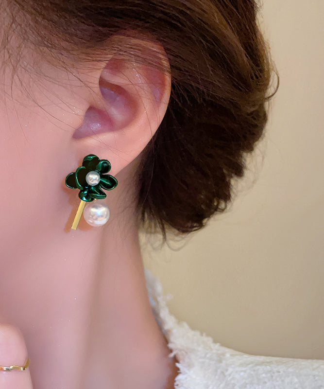 Diy Alloy Asymmetrical Gardenia Flower Pearl Stud Earrings