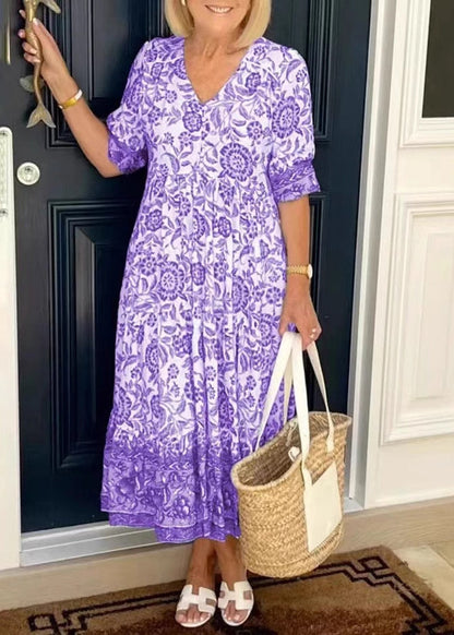 Blue V Neck Print Wrinkled Cotton Dress Summer