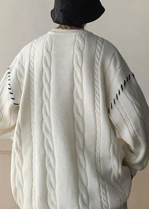 White Print Cozy Cotton Knit Winter Sweaters O Neck