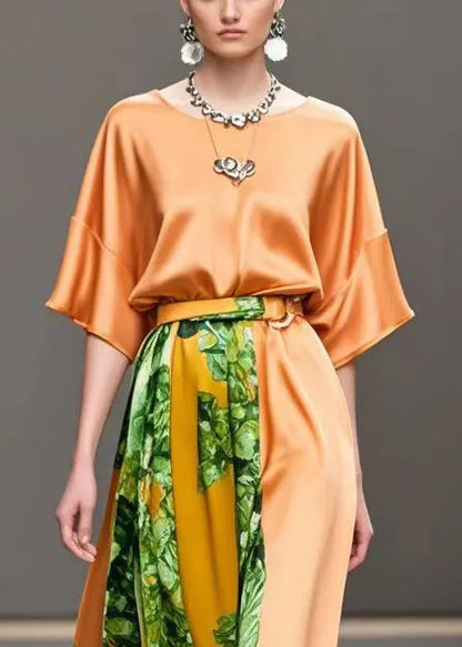 Orange Cinched Patchwork Print Silk Long Dress Summer