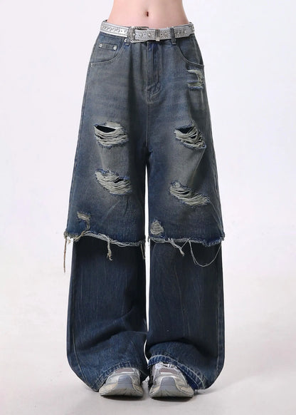 Blue False Two Pieces Patchwork Ripped Denim Pants Spring
