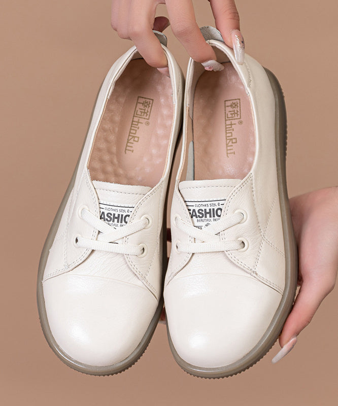 Beige Cowhide Leather Comfy Splicing Flat Shoes