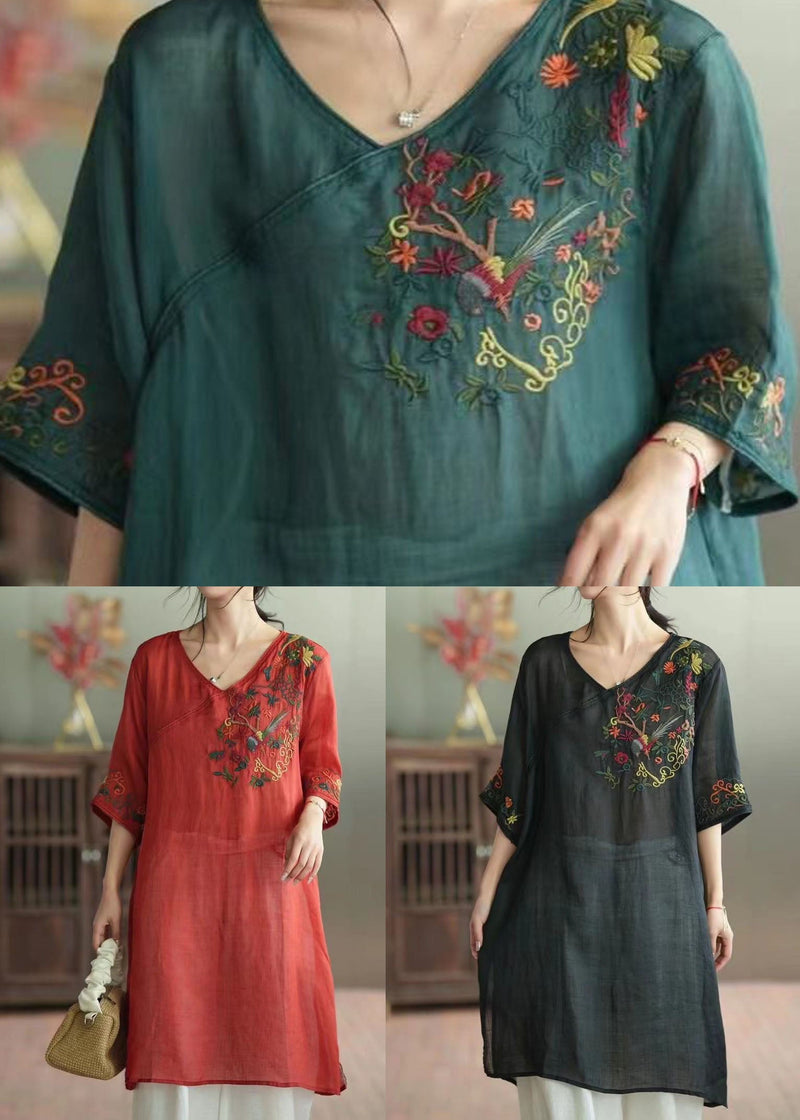 Retro Red V Neck Embroidered Patchwork Linen Mid Dress Summer