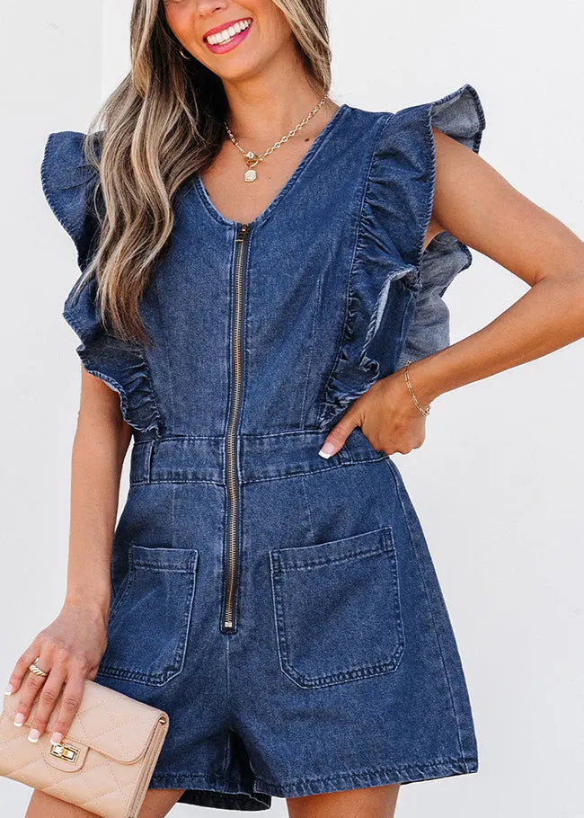 Stylish Navy O-neck Ruffled Zippered Denim Jumpsuit Short Sleeve