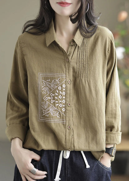 Khaki Lapel Embroidered Wrinkled Linen Shirt Tops Spring