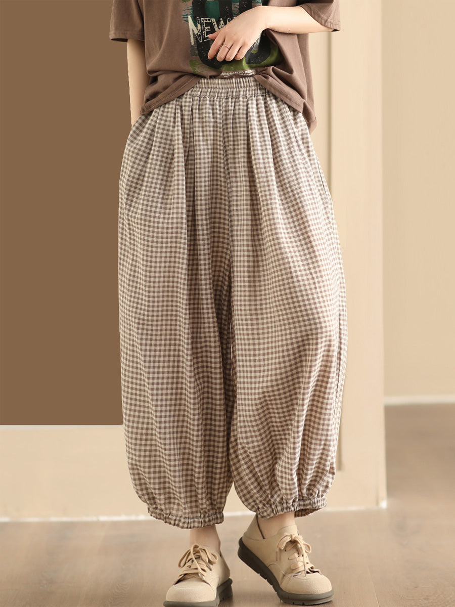 Summer Plaid Cotton Harem Pants