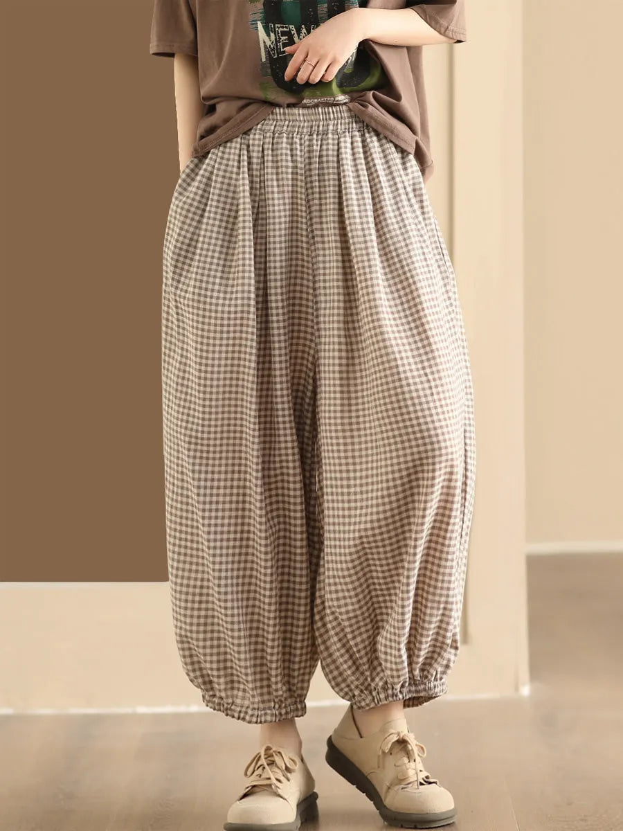 Summer Plaid Cotton Harem Pants