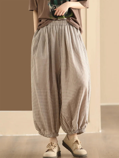 Summer Plaid Cotton Harem Pants