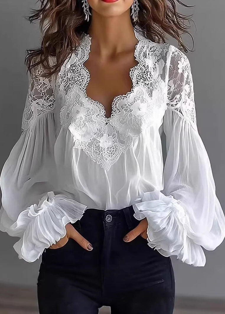 Black Puff Sleeve Lace Patchwork Chiffon Shirt Top