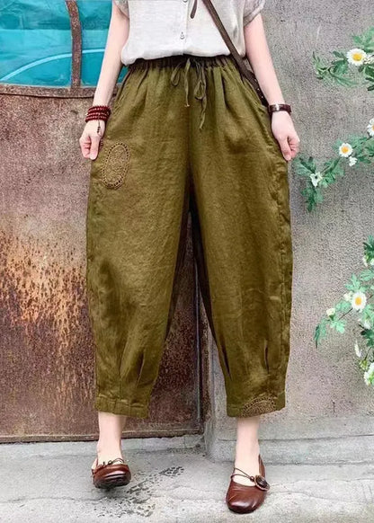 Linen Lace Up Elastic Waist Linen Crop Pants Summer