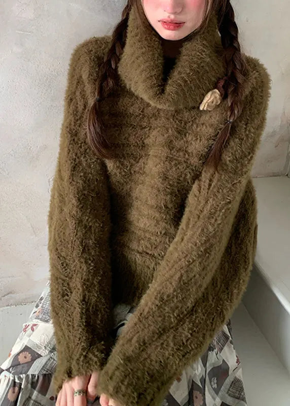 Loose Green Turtleneck Cozy Cotton Knit Sweaters Fall