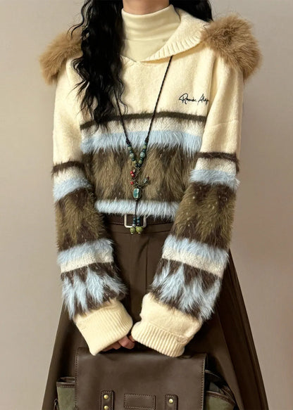 Original Grey Hooded Hole Fluffy Patchwork Knit Sweater Winter