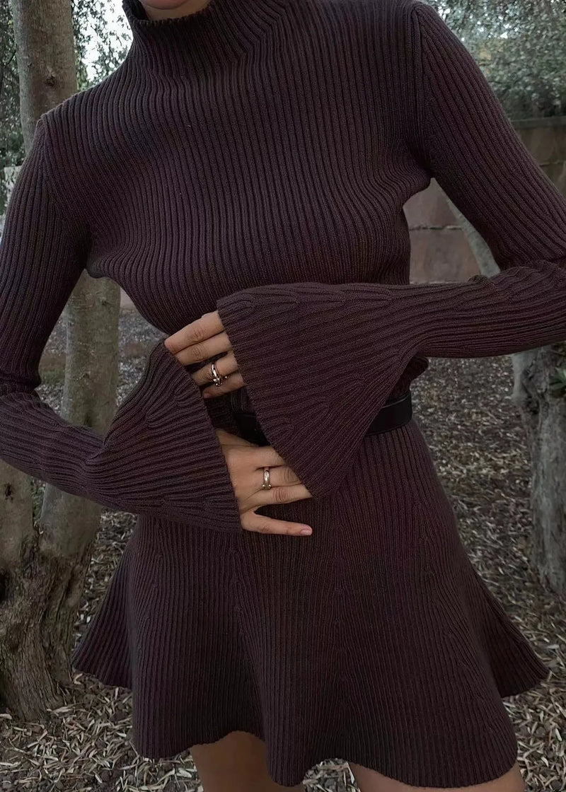 Coffee Turtleneck Cozy Knit Mid Dress Flare Sleeve