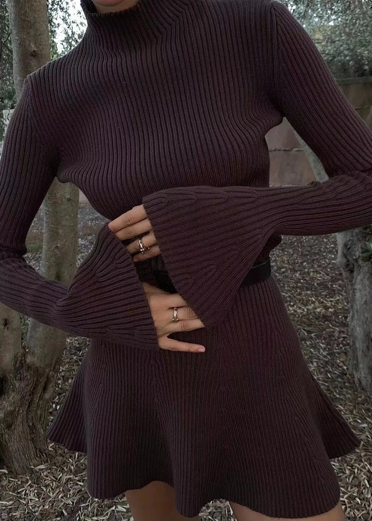 Coffee Turtleneck Cozy Knit Mid Dress Flare Sleeve
